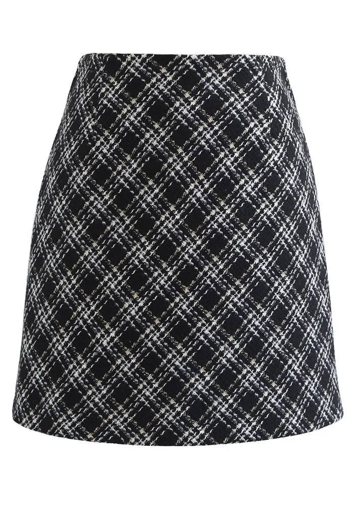 Jupe Mini Bud en Tweed à Motif à Carreaux en Noir